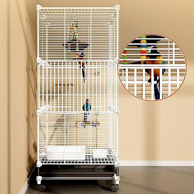 49 Inch 3-Tier Big Bird Cage with Food & Water Bowls Parakeet Bird Cage with Stand, Wheels Metal Birdcage Parrot Cage for Parakeet, Lovebirds, Ringneck, Cockatiels (White, 3-Tier-Roofless)
