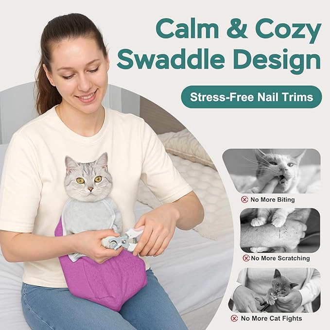 Self-Adhesive Cat Grooming Wrap, Cozy Cat Wrap for Cutting Nails, Breathable Anti-Scratch Cats Swaddle Bag for Brushing, Ear Cleaning, Dental Care, Medication, Injections,Pinkish Purple L