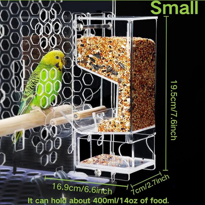 Automatic Bird Feeder, No Mess, Transparent Acrylic, Reducing Waste, Bird Cage Accessories for Parakeet, Canary, Cockatiel, Finch, Conure (Medium)