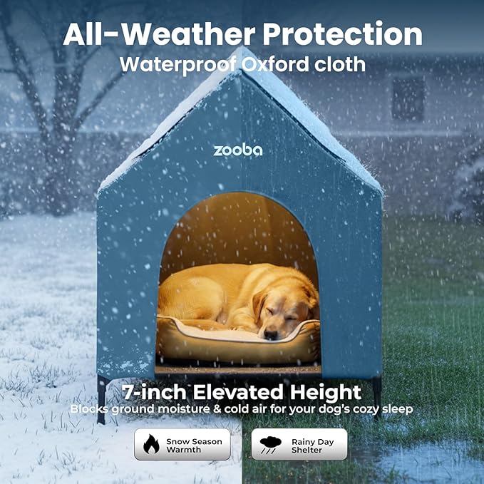 36" Large Dog House for Large Dog Indoor or Outside, Weatherproof 600D PVC Outdoor, Featuring Breathable 2x1 Textilene Elevated Dog Bed, Easy Clean (Blue)