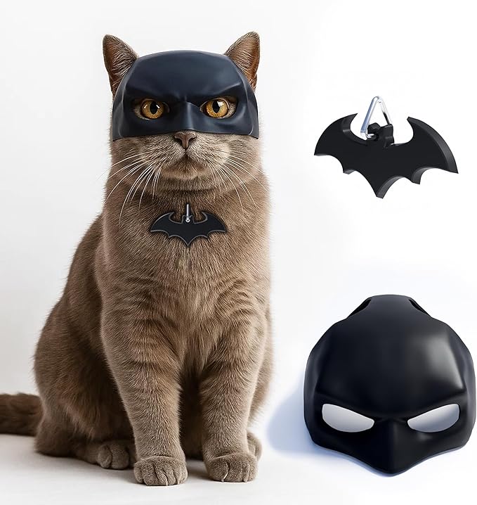 Bat Mask and Collar Badge Set, Funny Pet Costume Accessories for Indoor Cats, Superhero Outfit for Halloween, Cosplay, Photoshoots, and Gift for Pet Lovers (Small)