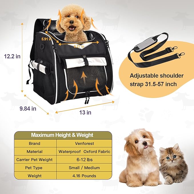 Dog Bike Basket, Foldable Pet Bike Carrier Backpack with Safety Strap, Waterproof Pet Bike Basket Suitable for Small Cats Kitten Puppy Dogs （New Black）