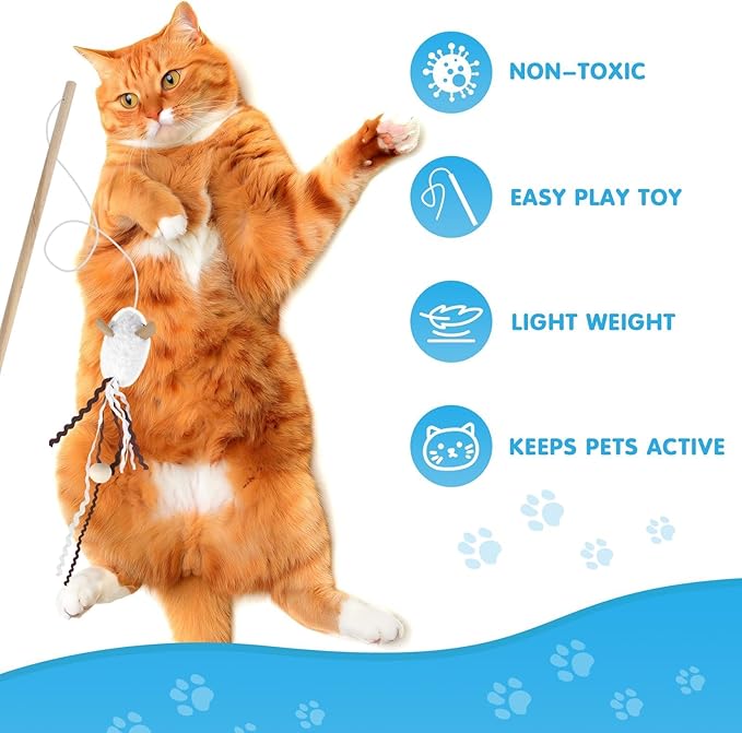 NOWFRESH Cat Wand Toy Set, 2 PCS Interactive Cat Teaser Wands with Cute Lion & Mouse Designs, Equipped with Bells and Streamers to Captivate Your Cat’s Attention