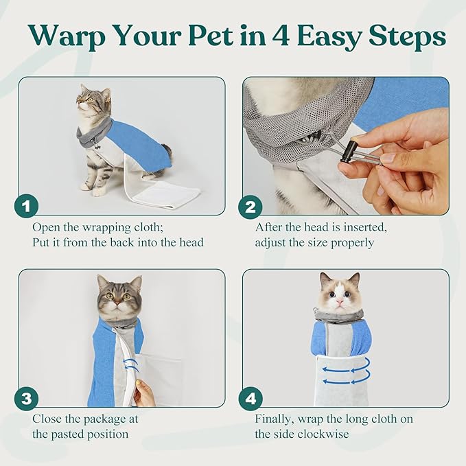 Supet Cat Grooming Wrap for Cutting Nails, Self-Adhesive Anti-Scratch Swaddle with Bite-Proof Mesh Hood & Thick Waist Strap Anti-Escape Bag for Nail Trimming, Medication, Ear Cleaning (Blue S)