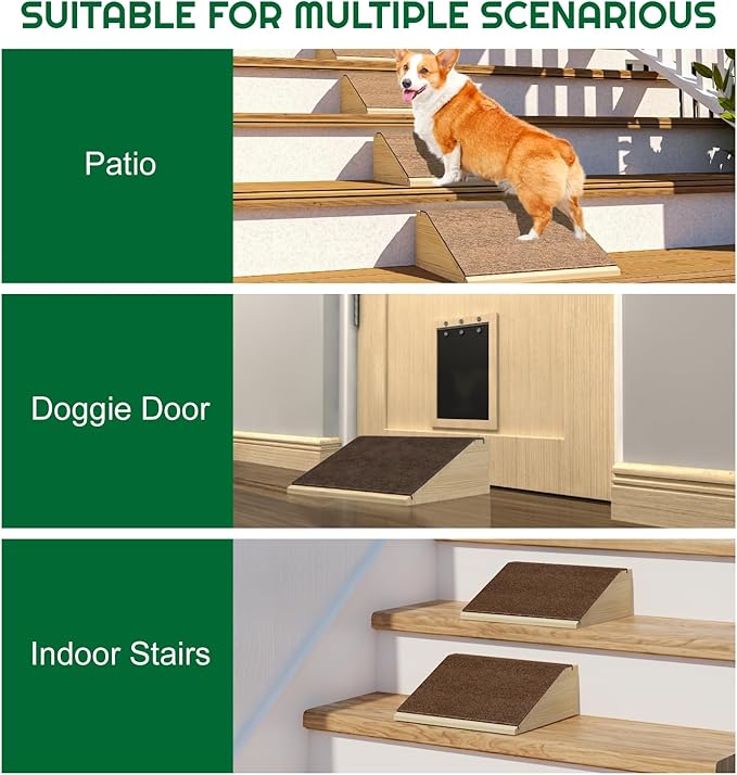 4 Pack Dog Ramp for Stairs with Anti-Slip Brown Carpet, Lightweight Wooden Pet Ramp Suitable for Small & Medium Dogs, Portable Dog Stairs to Assist Elderly and Injured Pets