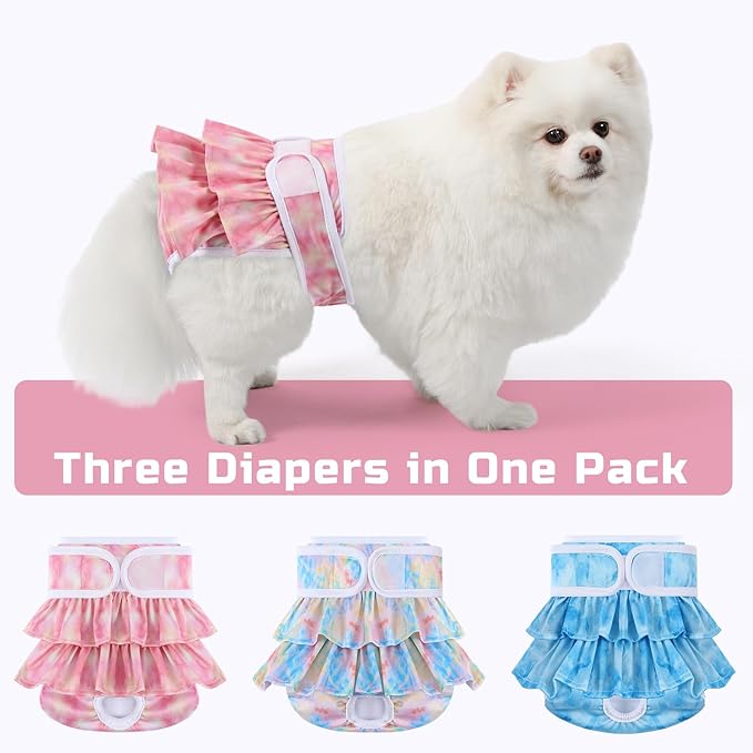 Reusable Dog Diapers Female 3 Pack Doggie Diapers for Period Heat Incontinence Puppy Training (X-Small, Watercolor)