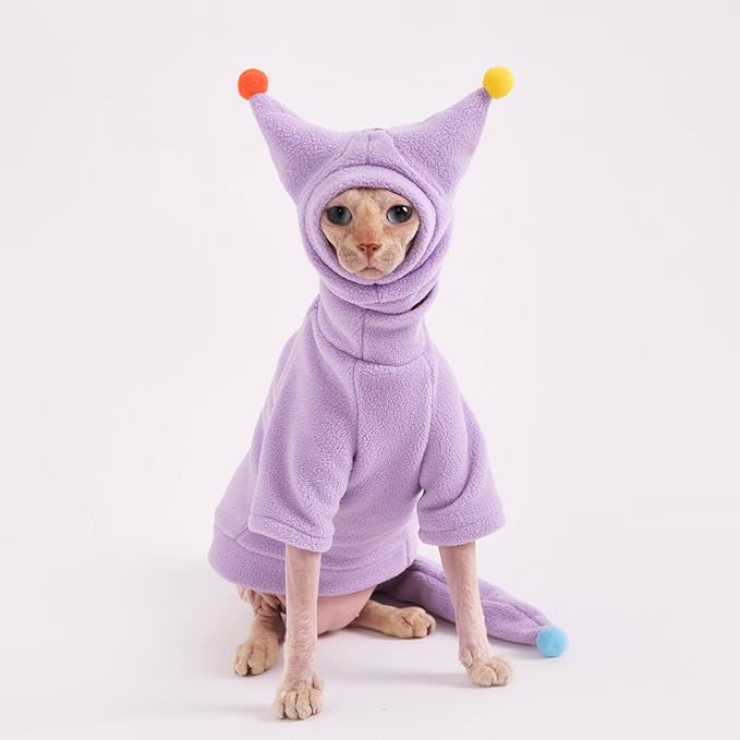 Sphynx Cat Clothes, Warm Cat Jumpsuit with Hat and Tail Cover, Full Set for Hairless Cats, Cornish Rex and Devon Rex (Purple, M(4.5-5.5lbs))