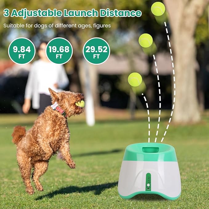 Dog Ball Thrower Launcher, Automatic Ball Launcher with 6 Tennis Balls for Small Medium Dogs, 3 Adjustable Distance Settings, Rechargeable Dog Toy Mental Stimulation Training Game for Energetic Dogs