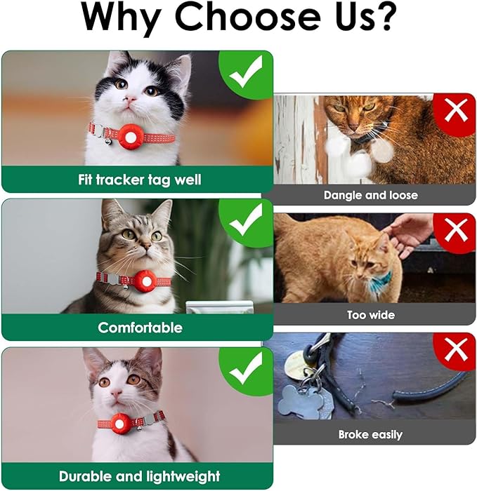 Cat GPS Tracker, Cat Tracker Compatible with Apple Find My App (Only iOS), No Monthly Fee, Waterproof, Breakaway Collar Included, Up to 1 Year Battery (Red Cat Collar)