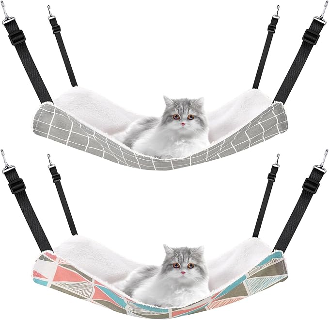 Jetec 2 Pack Cat Hammock for Cage, Catio Accessories Reversible Soft Cats Bed with Adjustable Straps and Hooks Double-Sided Linen and Fleece Hanging Hammock for Cats, Kitten(Geometry Pattern,M)
