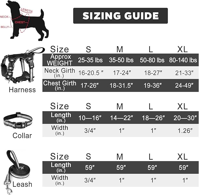 WINSEE Pet Harness Collar and Leash Set, All-in-one Reflective Dog Harness No Pull with Adjustable Buckles for Puppies, Small, Medium, Large, and Extra-Large Dogs (X-Large, Black)