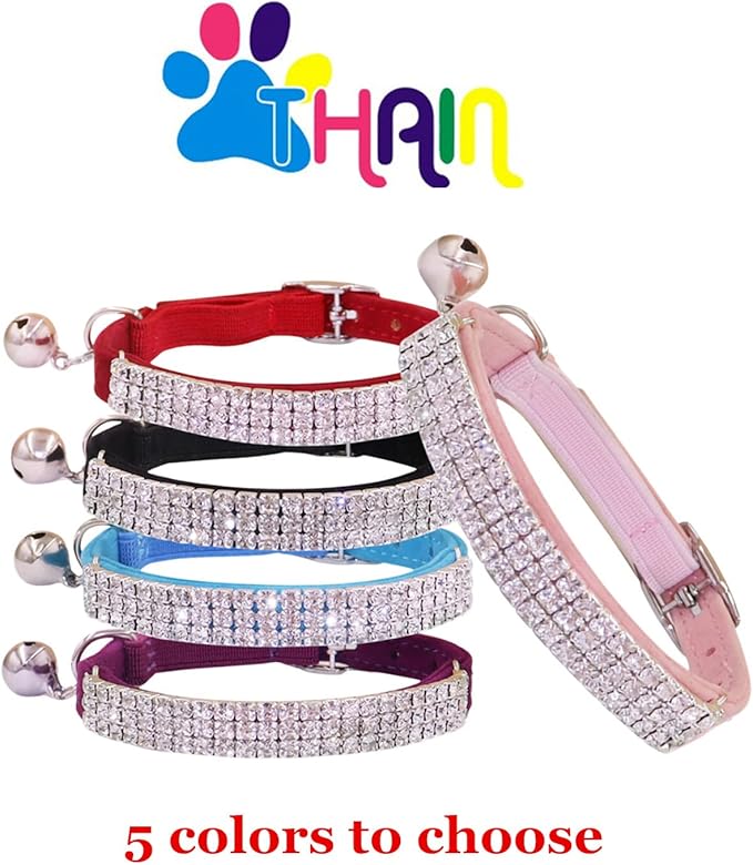 THAIN Rhinestones Cat Dog Collar Soft Velvet Safe Adjustable Collar Bling Diamante with Bells, 8-11 inch for Small Dogs and Cats (Pink)
