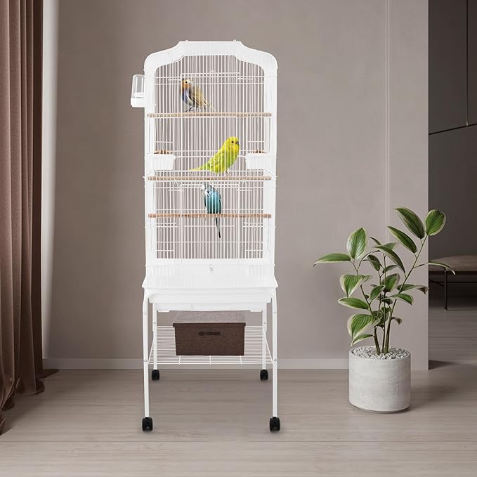 Large Rolling Bird Cage with Stand & Storage Shelf, 4-Tier Stackable Parrot Aviary for Cockatiels, Parakeets & Finches, Metal Birdcage with Slide-Out Tray, Feeding Bowls & Wheels (White)