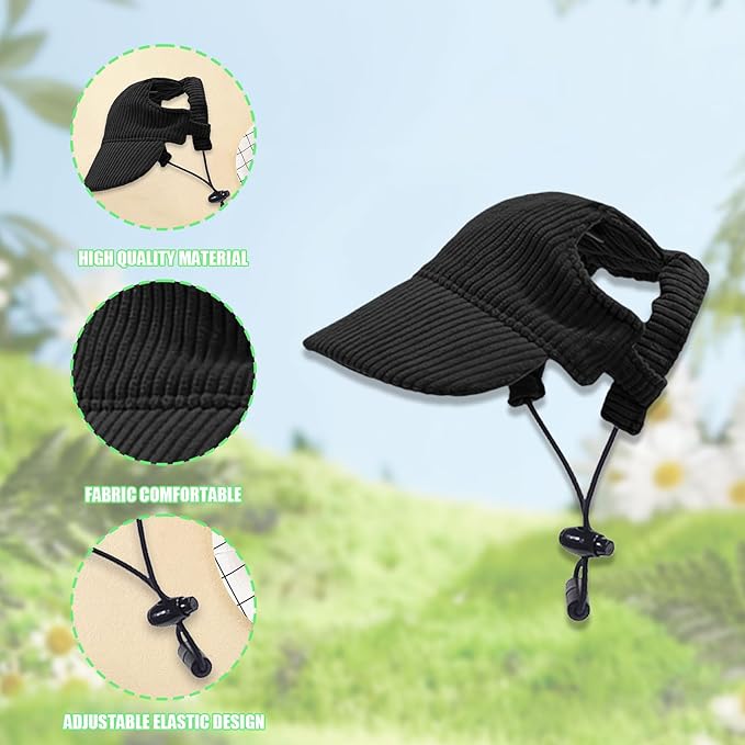 Dog Baseball Cap, Dog Cat Summer Beach Visor Hat with Ear Holes, Adjustable Puppy Sunbonnet Headdress (Black, Small)