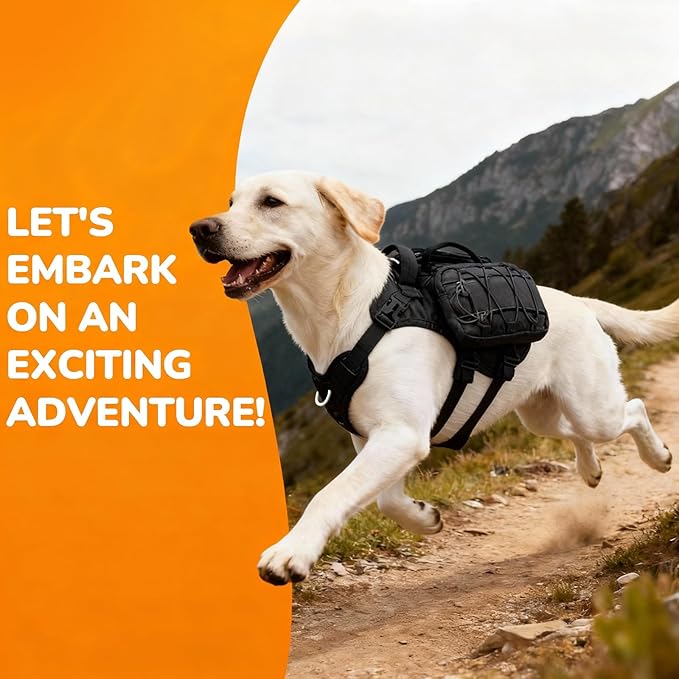 Medium Dog Harness Backpack, No Pull Adjustable Dog Vest with Handle & Leash Ring, Lightweight Dog Backpack with Side Pockets for Walking, Training & Day Hikes, Black, M