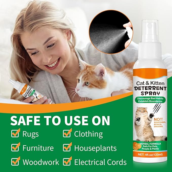 Cat Deterrent Spray for Indoor & Outdoor - Natural Repellent to Prevent Scratching & Urine Marking on Furniture, Sofas, Rugs, Curtains - Safe Cat Behavior Training Aid with Natural Ingredients 4 fl oz