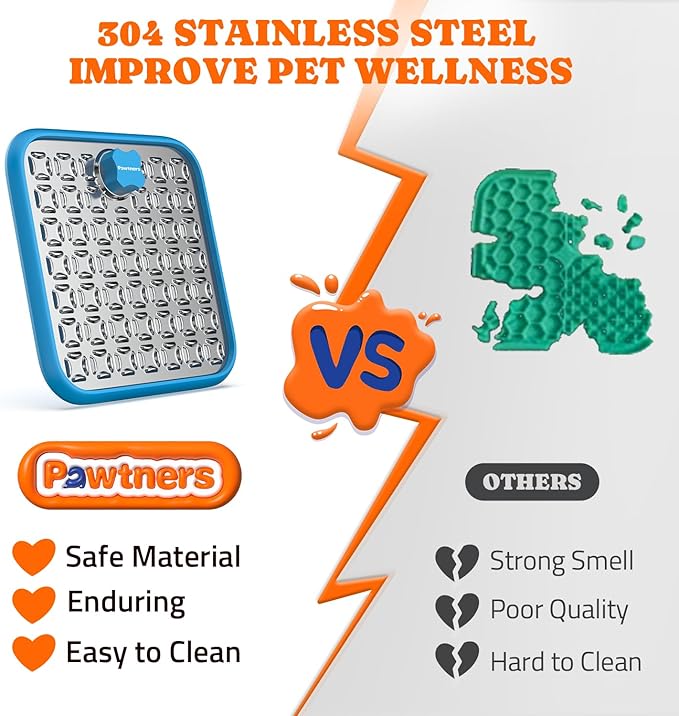 Lick Mat for Dogs & Cats, Stainless Steel Pet Slow Feeder for Crate Boredom & Anxiety Reduce, Cat Licking Pads with Spatula & Scrubbing Brush, Blue