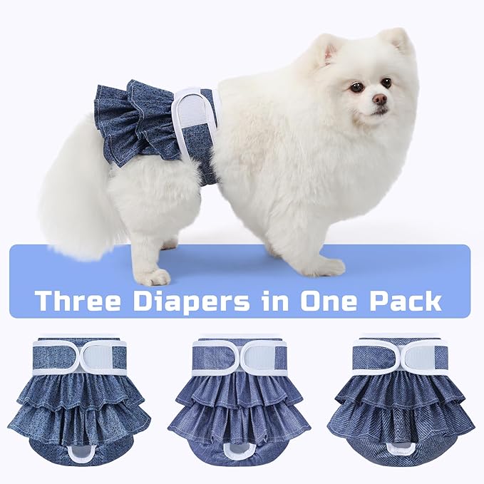 Reusable Dog Diapers Female 3 Pack Doggie Diapers for Period Heat Incontinence Puppy Training (Small, Jeans)