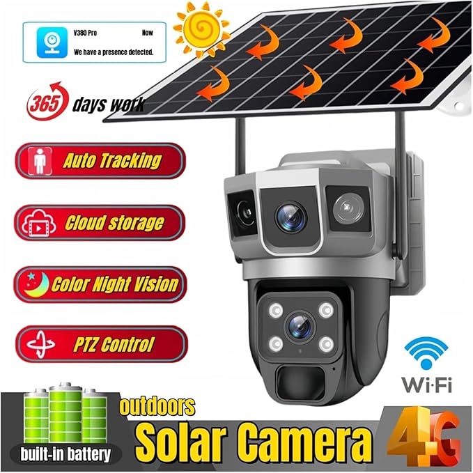 for Outdoor Camera Battery CCTV Monitor 4G SIM Card Network IP Security Pet Camera Motion Detection 3 Screen PTZ Camera(4G CCTV 64G Card)