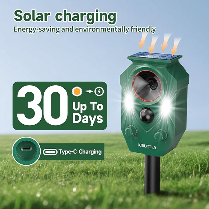 Solar Ultrasonic Animal Repellent Outdoor, 2 Pack Deer Repellent for Yard with RIP Sensor, IP65 Waterproof Squirrels Repeller, Effective Deterrent Cat, Raccoons, Skunks, Rabbits
