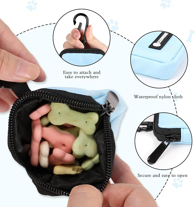 COOWONE Dog Treat Pouch Pocket Sized Pet Puppy Training Pouch for Dog Training Behavior Aids, Waterproof Nylon Fabric Dog Poop Bag Holder, Hands Free Dog Walking Bag with Metal Carabiner (Blue)
