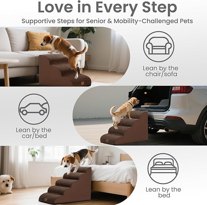 gogobunny Ramp Cat Dog Stairs for Beds, Cat Slope Stairs with Durable Waterproof Fabric Cover, Pet Steps for Old Large Dogs Climbing (Brown, 4-Step (28.3" D x 15.7" W x 19.7" H), 4)