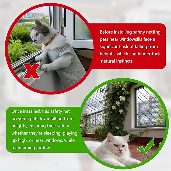 Cat Balcony Netting, Large Cat Net Pet Anti-Fall Safety Netting,Tear-Resistant, Thickened Nylon Dogs Cats Climbing Net, Pet Mesh Fence for Balcony, Stair, Window, Outdoors (10x6.6ft)