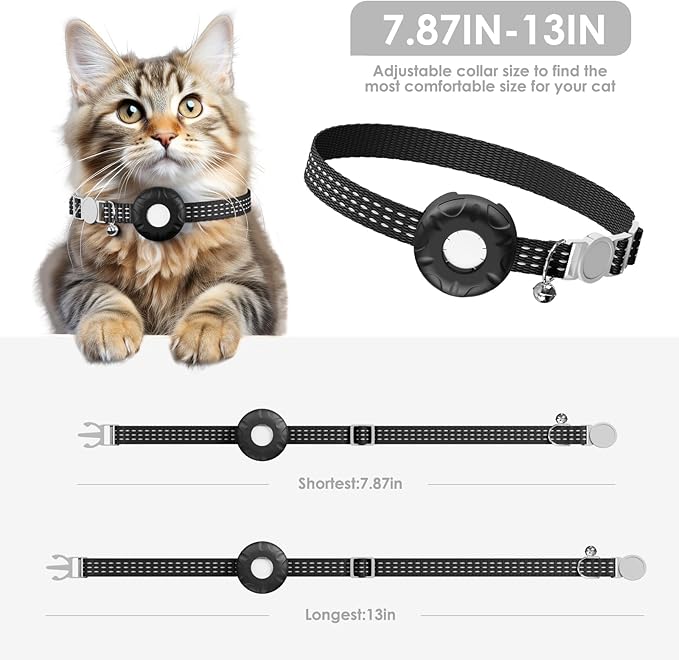 Cat Tracker, Waterproof Pet Tracker for Cats, Cat GPS Tracker Collar with Safety Elastic Buckle, Compatible with Apple Find My App (Only iOS), No Monthly Fee, Black