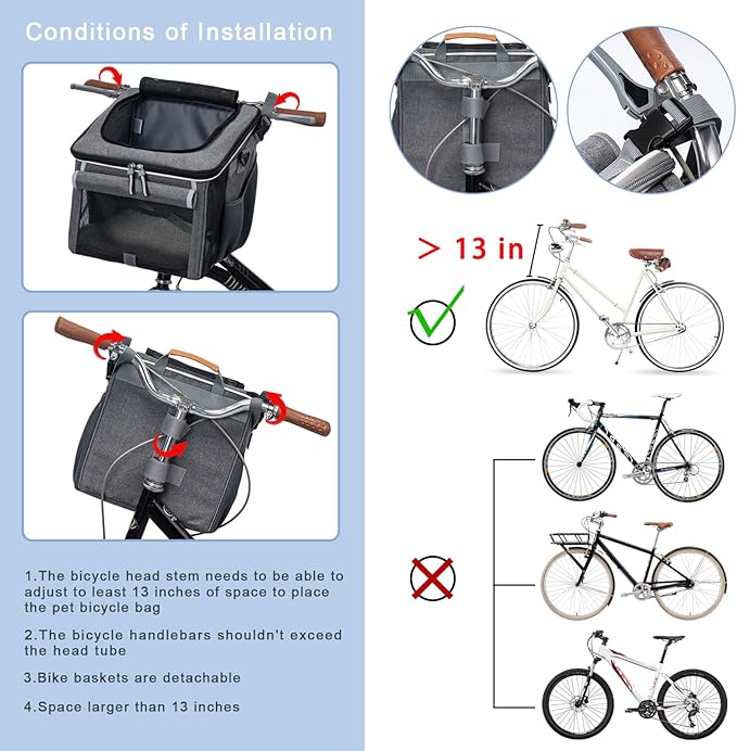 Dog Bike Basket, Soft-Sided Dog Bike Carrier with 4 Mesh Windows for Small Dog Cat Puppies - Grey