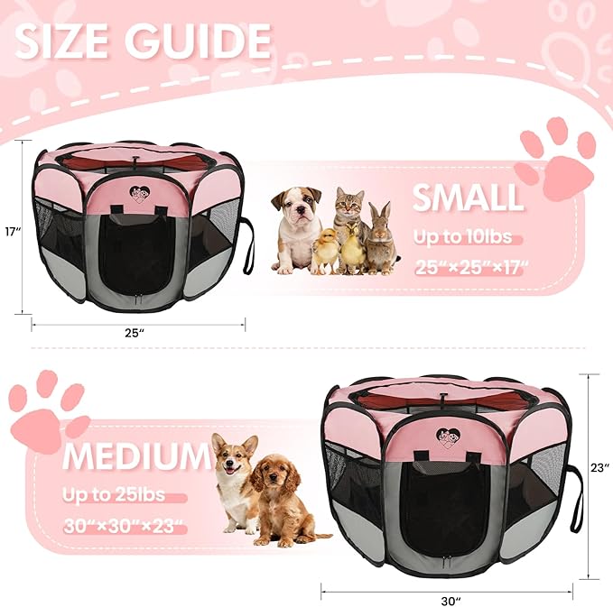 Dog Cat Playpen，Pet Cage - Indoor Outdoor, Portable Foldable Pop Up, Removable Zipper Top，Fits Dogs, Cats, Rabbits(Pink,S)
