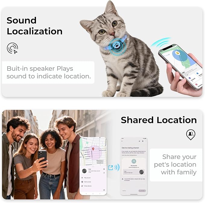 GPS Cat Tracker Collar(iOS & Android), Bluetooth Mini GPS Dog Tracker, Smart Pet Activity Tracker, No Monthly Fee, Work with Apple Find My & Google Find Hub, Finder Tag for Pets,Items 1 Pack Blue