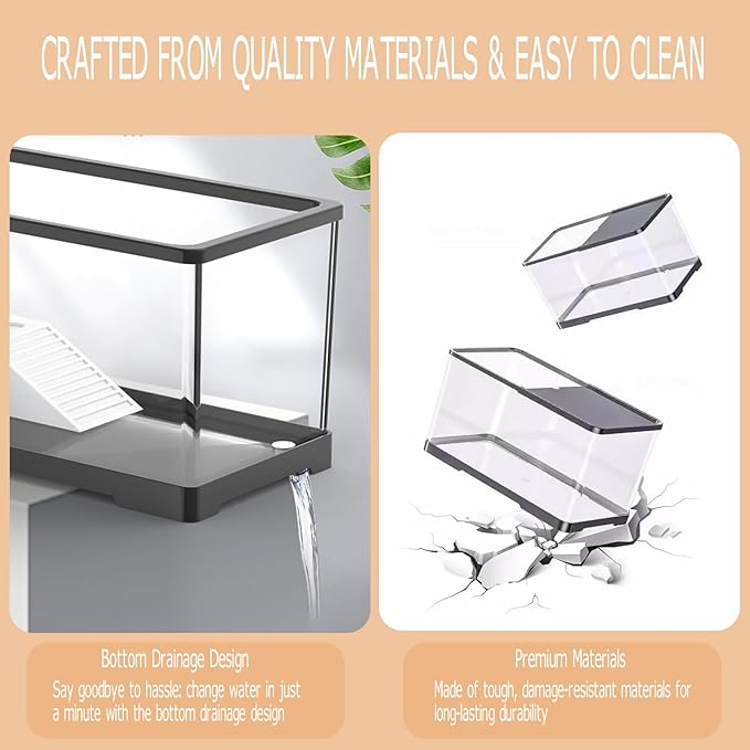 Turtle Tank Starter Kit, Upgraded Aquarium Fish Tank Kit with Filter,Fish Net, Reptile Habitat with Adjustable UV Lamp & Lid,Bask Platform for Crabs,Amphibians,Reptiles.(15.4" * 8.5" * 8.35")