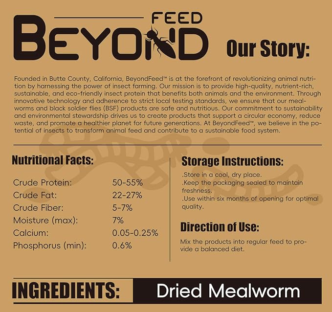 BeyondFeed™Small Bottle Dried Mealworms & Black Soldier Fly Larvae High-Protein Feed for Chickens, Ducks, Birds, Reptiles, Fish, Hamster, Turtles (6 (1.23 oz/35 g) Bottles Bundle, Dried Mealworm)