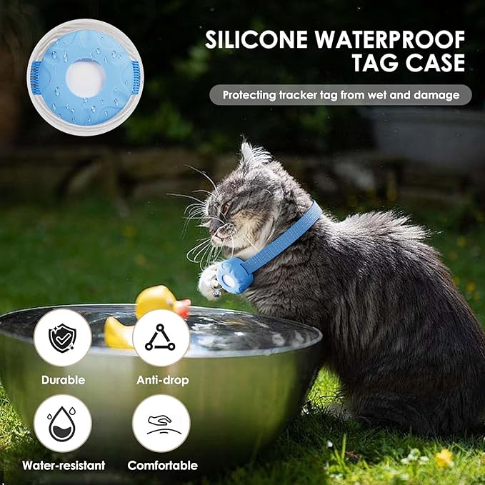 GPS Tracker for Cats, Cat GPS Tracker Compatible with Apple Find My App (Only iOS), No Monthly Fee Cat Tracker, Waterproof (White Tracker, Blue Cat Collar)