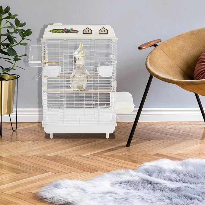 2-Door Wrought Iron Bird Cage Parakeet Cage with Roof, 30" H Parrot Cage Pet Birds Flight Cage, Interactive Birdcages Bird House Travel Cages for 4-6 Small Birds (Iron Mesh)