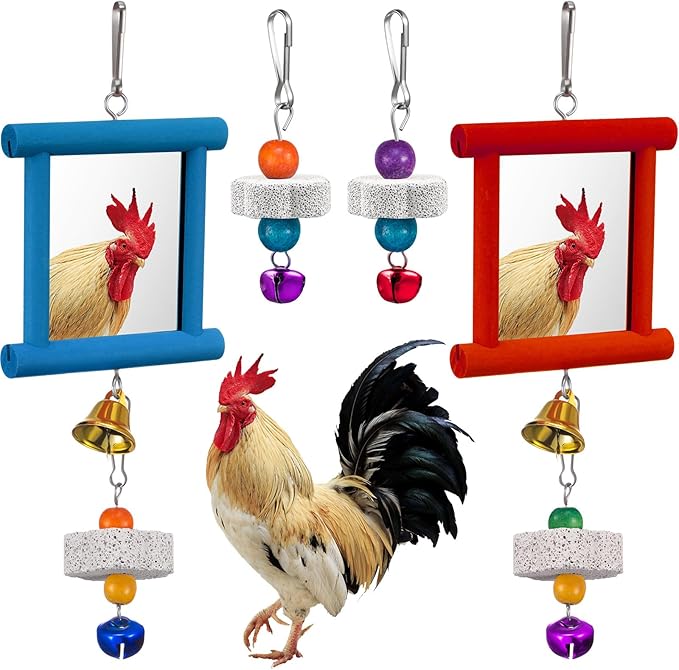 Sumind 2 Pieces Chicken Mirror Toys Hanging Swing Mirror with Bell Wooden Pecking Toy and 4 Pieces Beak Grinding Molar Stones for Hens Birds Parrots (Red,Blue)
