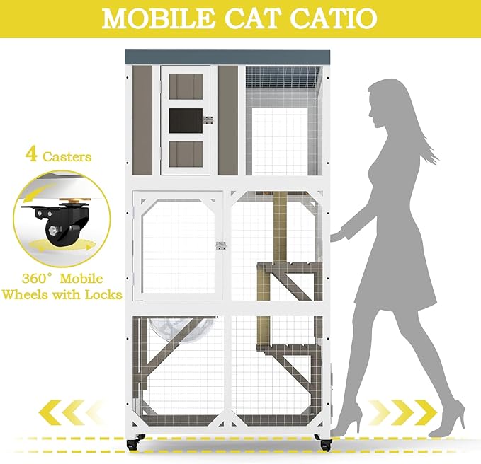 Catio Outdoor Cat Enclosure,Outdoor Cats House with 5 Platforms & Space Capsule,Wooden Cat Catio Cats Enclosure with Weatherproof Oxford Cloth Roof & 4 Wheels,Grey