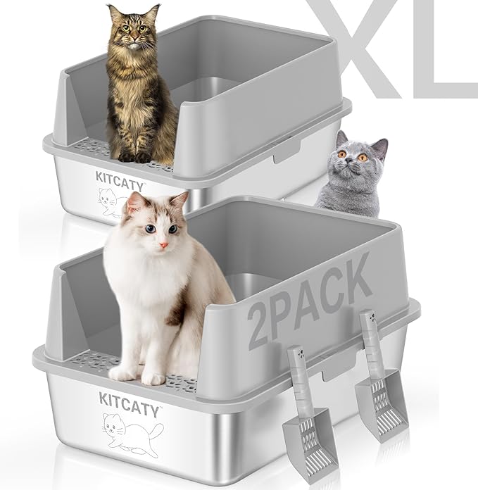 2PACK Stainless Steel Litter Box, Metal Litter Boxs with Lid High Sides, XL Extra Large Litter Box for Big Cats, Never Absorbs Odors, Leak-Proof, Stain-Free, Rust-Free, Easy to Clean, Scoop Included