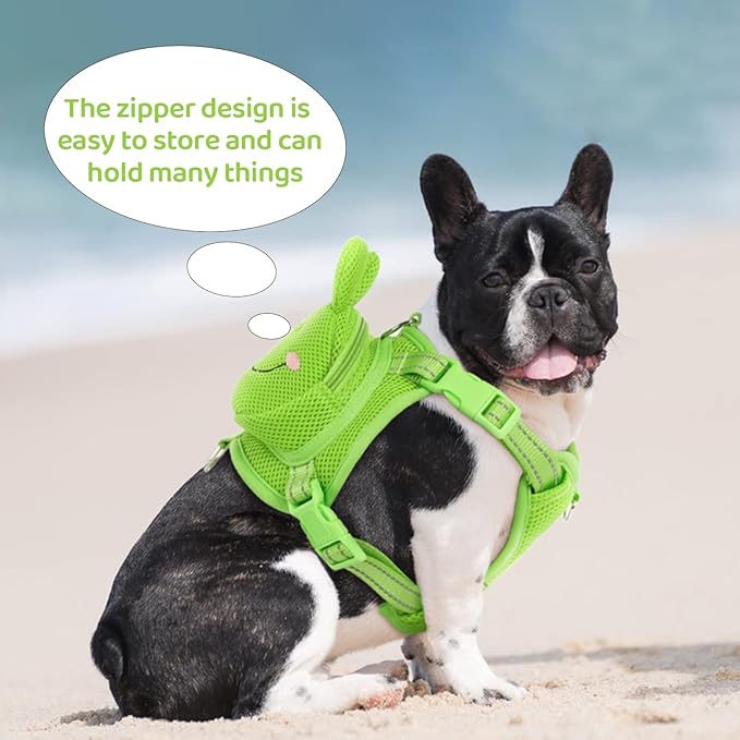 Dog Harness with Backpack, Adjustable Dog Backpack Harness for Small Medium Dogs, No-Pull Breathable Backpacks for Dogs to Wear, for Traveling, Hiking, Camping, Training, Green Frog L