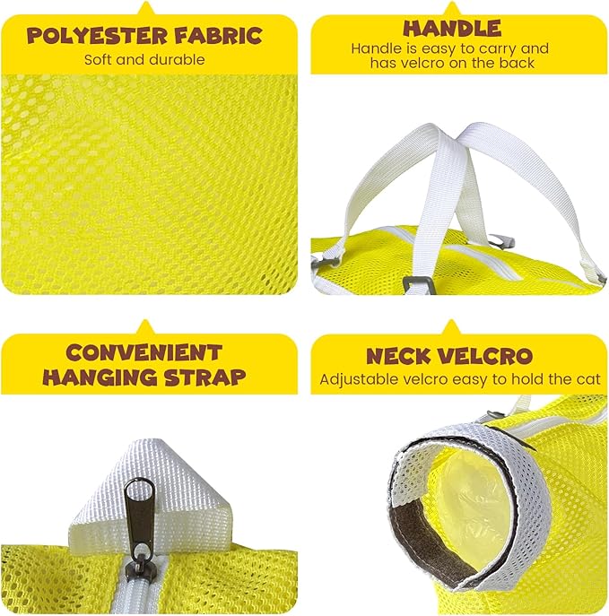 Cinf Cat Bathing Bag(Free Muzzle) Breathable Mesh Anti Scratch Adjustable Cat Grooming Bag for Nail Trimming, Bathing Soft Cat Washing Bag(Yellow) M