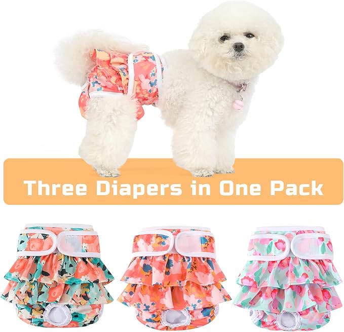 Washable Dog Diapers Female 3 Pack Reusable Premium Highly Absorbent Doggie Diaper, Flexible Puppy Diaper, Durable Leak-Proof Dog Diapers for Period Heat Incontinence Potty Training, S