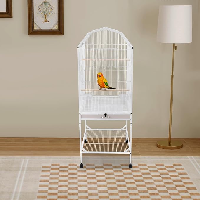 Bird Cage with Wheels, Open Top Breeding Cage Wrought Iron Flight Cage with Rolling Stand, Removable Tray & Feeding Bowls for Parrots, Canaries, Lovebirds Finches, 18" L x 18" W x 54" H
