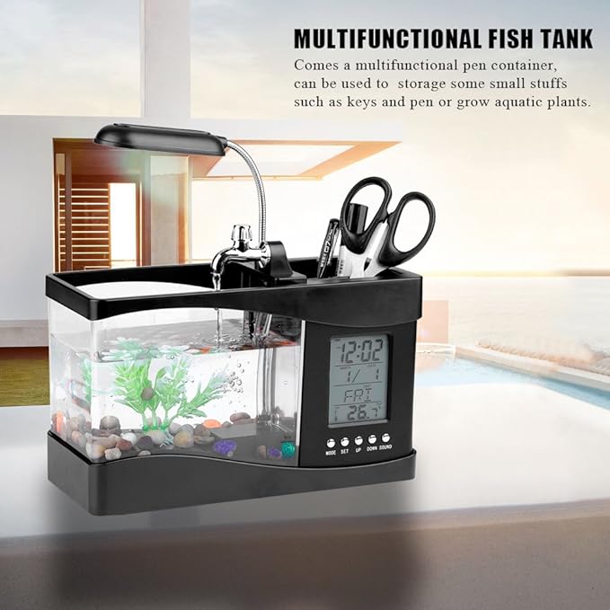 Multifunctional Mini Fish Tank, Desktop Aquarium with USB Rechargeable LED Lights, Clock Function, Black Plastic Fish Tank