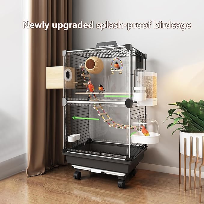 Bird Cage,Large Parrot Cage with Acrylic Doors, 3-Tier Movable Birdcage Parakeet Cage w/Wheels, 360° View Spacious Interactive Bird House (White, Automatic Food Container and Water Bottle)