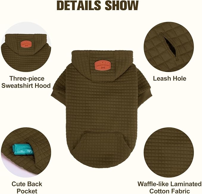 BEAUTYZOO Dog Hoodie with Leash Hole and Pocket,Dog Sweaters for Small Medium Large Dogs Boys Girls,Waffle-Like Laminated Cotton Warm Outfits for French Bulldogs, Pitbull, Winter Puppy Clothes Jacket