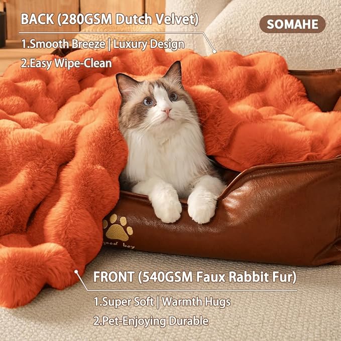 Self-Warming Cat Blanket, Dual-Side Plush Sherpa Throw with Anti-Static, Snuggle Mat for Kittens & Cats, Cozy Bed Topper for Windowsills & Couches, Machine Washable & Dryable, 21x18 Inch Orange