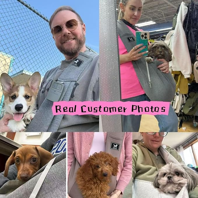 Dog Sling Carrier for Small Dogs Cats up to 15 lbs - Hands Free Puppy Carrier Bag (Plus Size L) - Ergonomic Padded Shoulder Strap & Safety Hook Based on Owner's Bust Length, Caramel