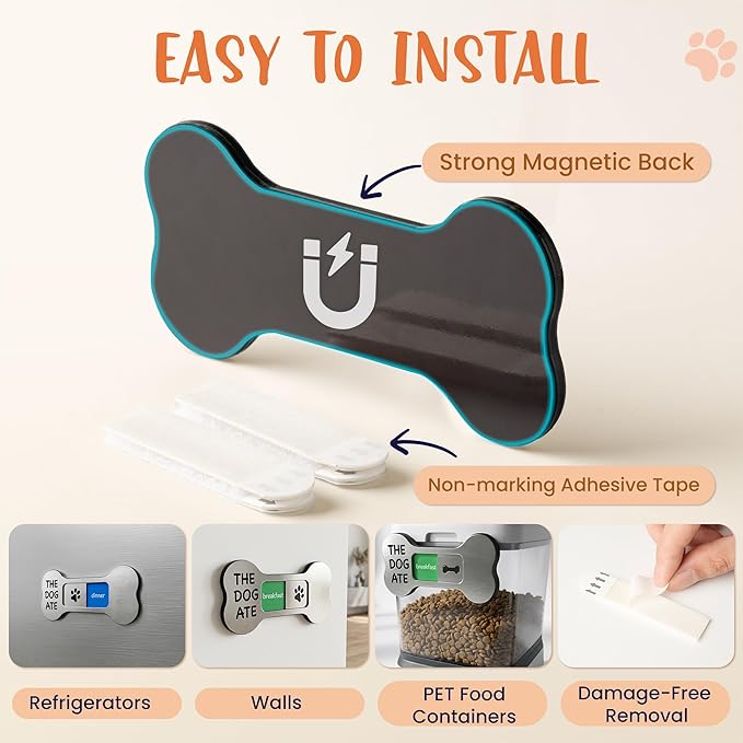 Dog Feeding Reminder Supplies with Magnet, Bone-Shaped Design Brushed Silver, Acrylic Pet Nursing Schedule for Breakfast & Dinner, Feed Slider with Paw Pattern, 2 Stickers 5.5 x 2.6inch