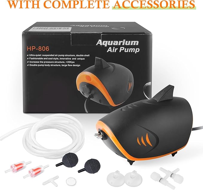 HITOP 4W 110GPH Powerful Aquarium Air Pump, Quiet 2-outlets Aquarium Aerator, Adjustable Fish Tank Air Pump with Accessories, for 20-200 Gallon Tank, with ON/Off Button