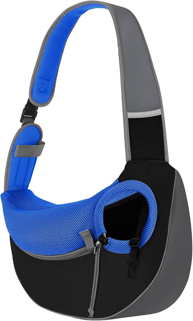 Pawaboo Dog Sling Carrier, Hand Free Breathable Mesh Bag for Puppy Cat, Drawstring Dog Papoose with Adjustable Strap and Pocket, Crossbody Satchel Dogs Purse for Outdoor Travel, M, Indigo